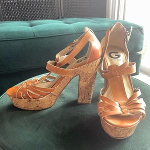 G by Guess platform retro high heel sandals tan vegan leather tan faux cork sole